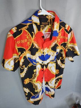 Pavini Red & Black Baroque Print Short-Sleeve Button-Down Shirt